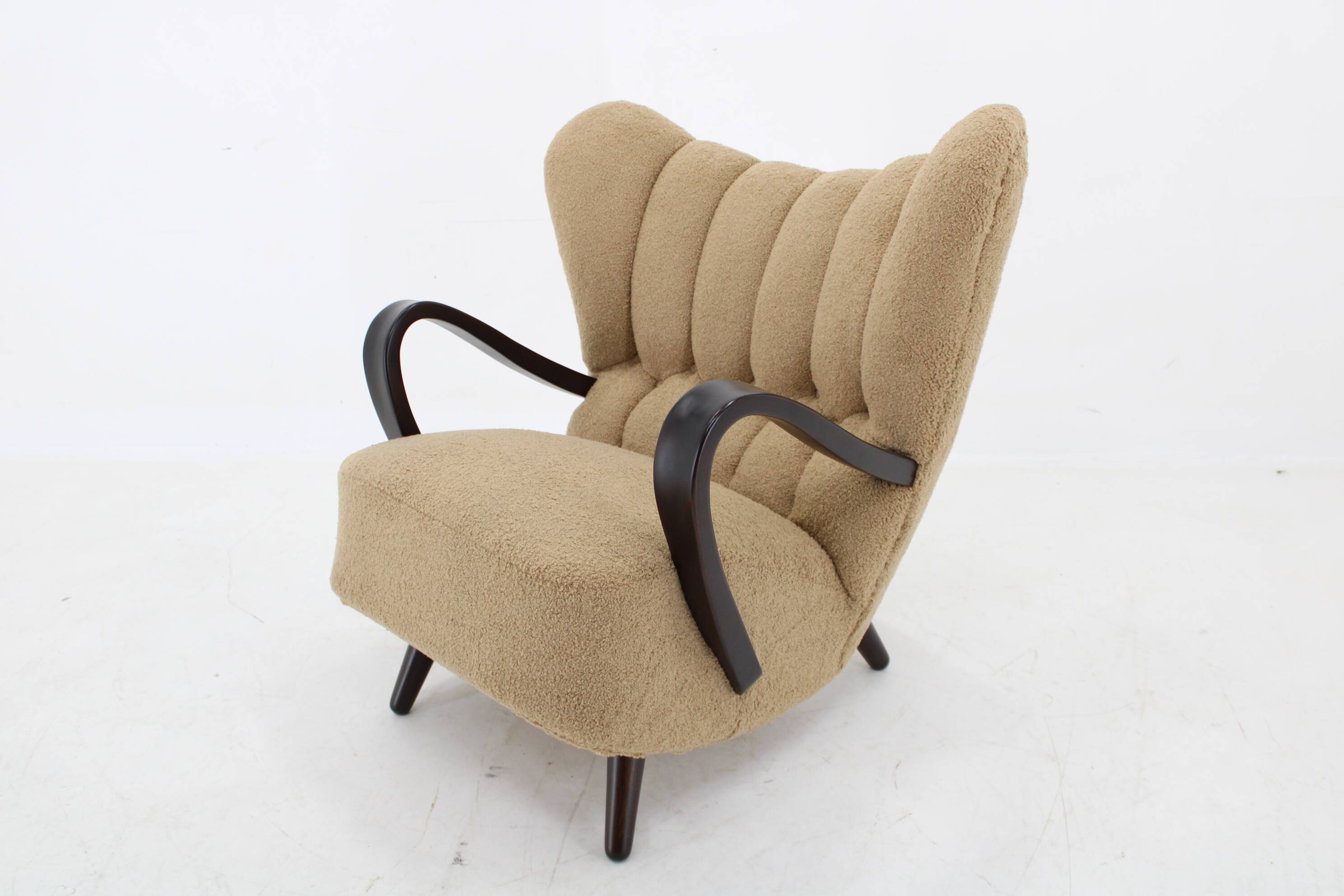 1940s Restored  Wing Armchair in Boucle Fabric ,Czechoslovakia
