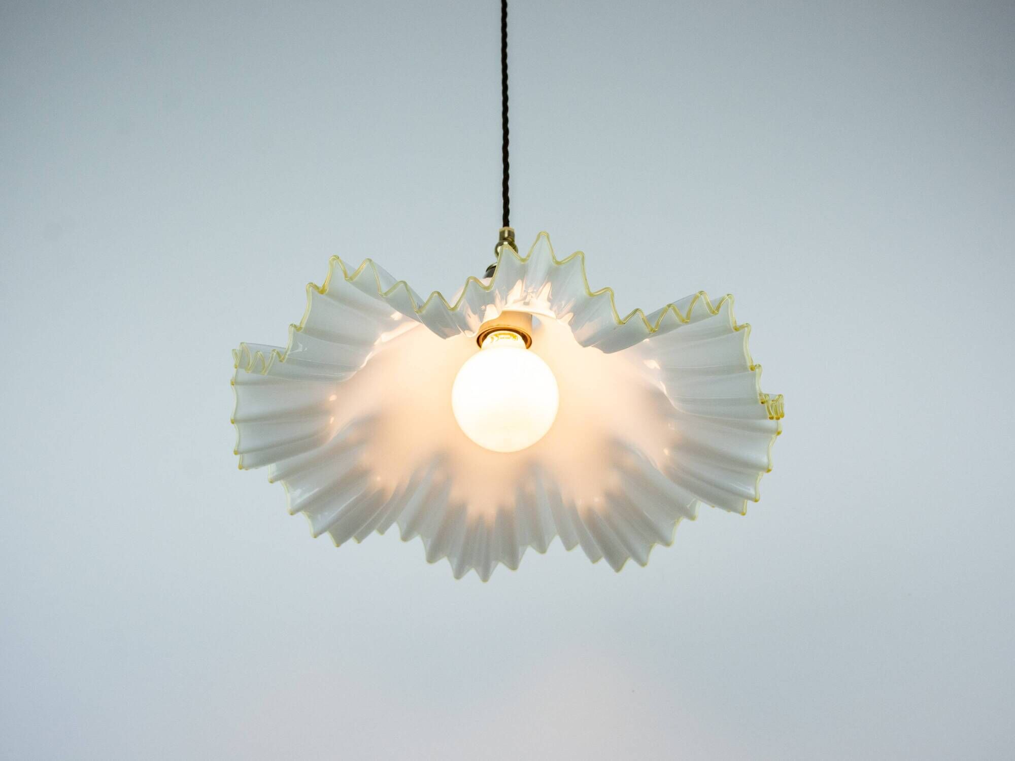 Murano Style White Ruffled Italian Hanging Glass Lamp From The 1970s