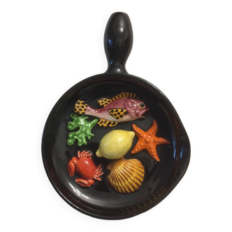 pan plate - trompe l'oeil - shellfish - slip - vintage ceramic VALLAURIS style