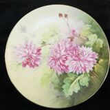Porcelain dish of LIMOGES decoration of pink DAHLIA signed MARTIAL