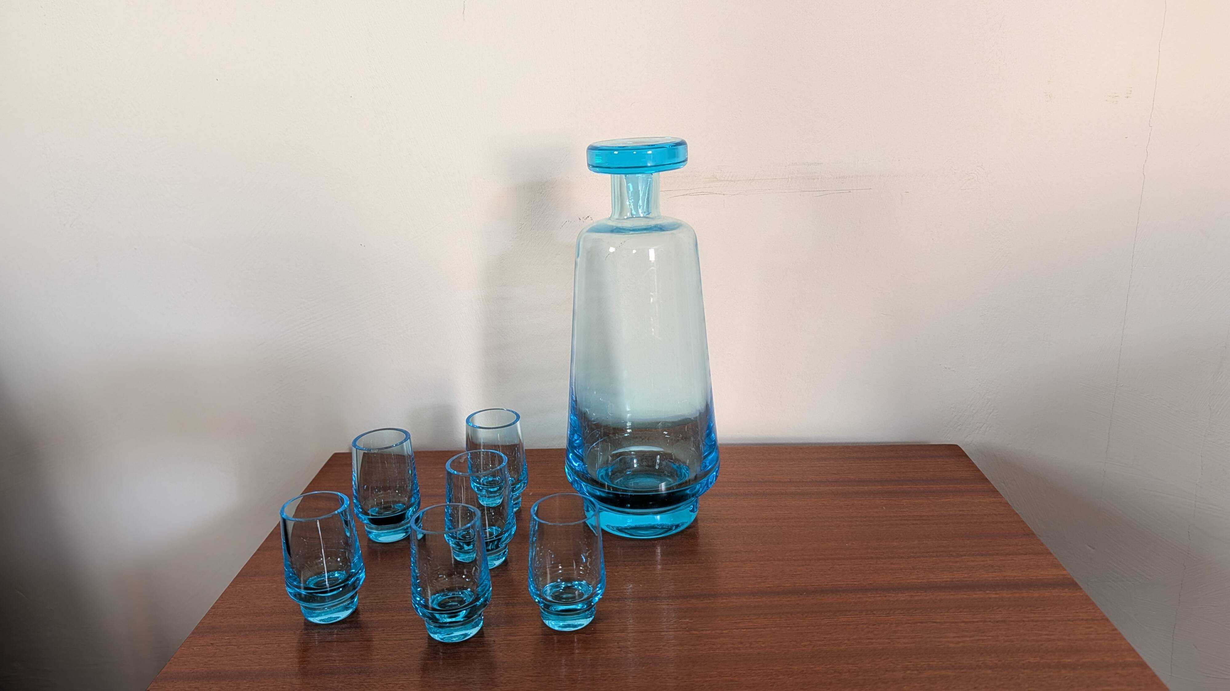 Smoky blue glass liqueur set from the 70s.