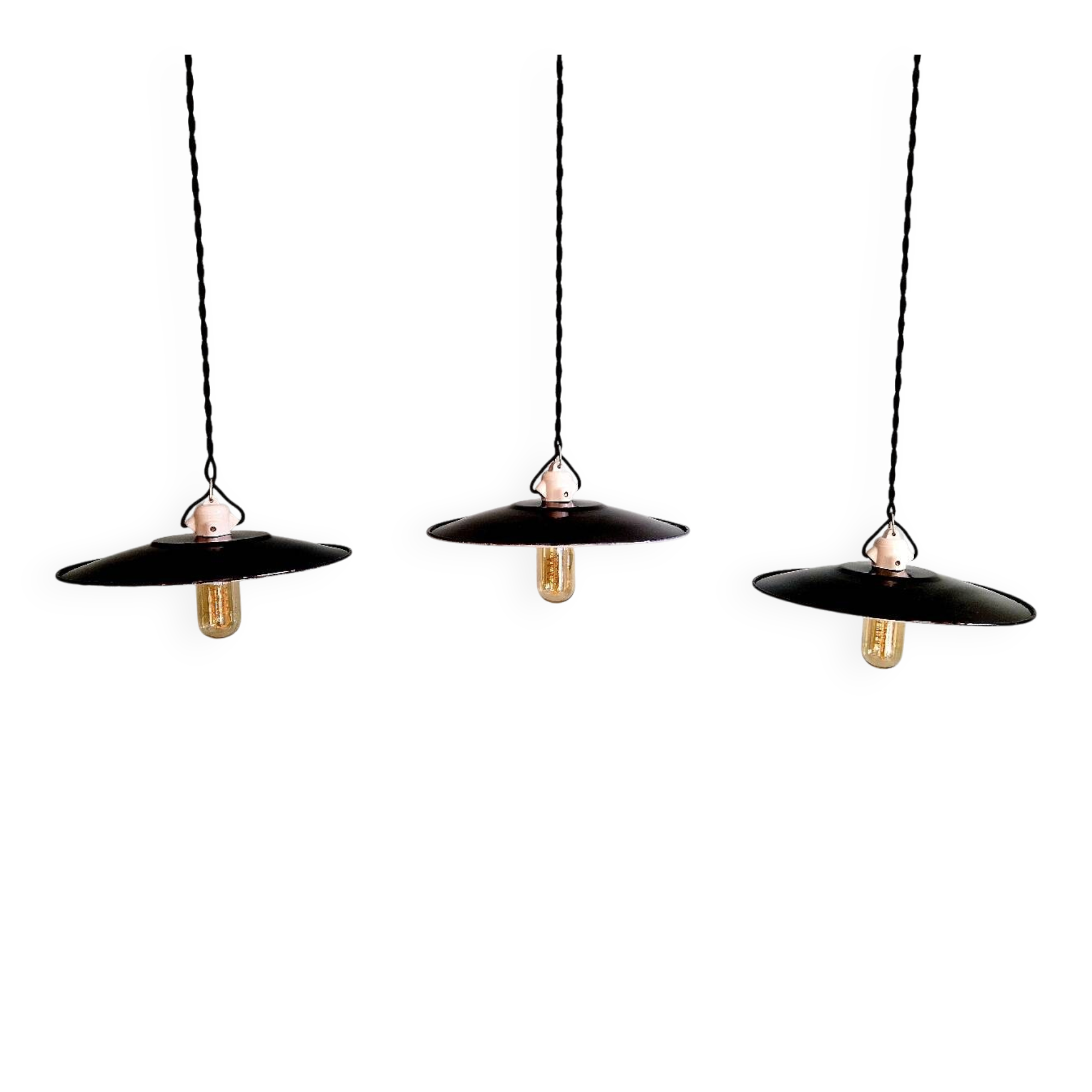Three industrial suspensions in black enamelled sheet metal.