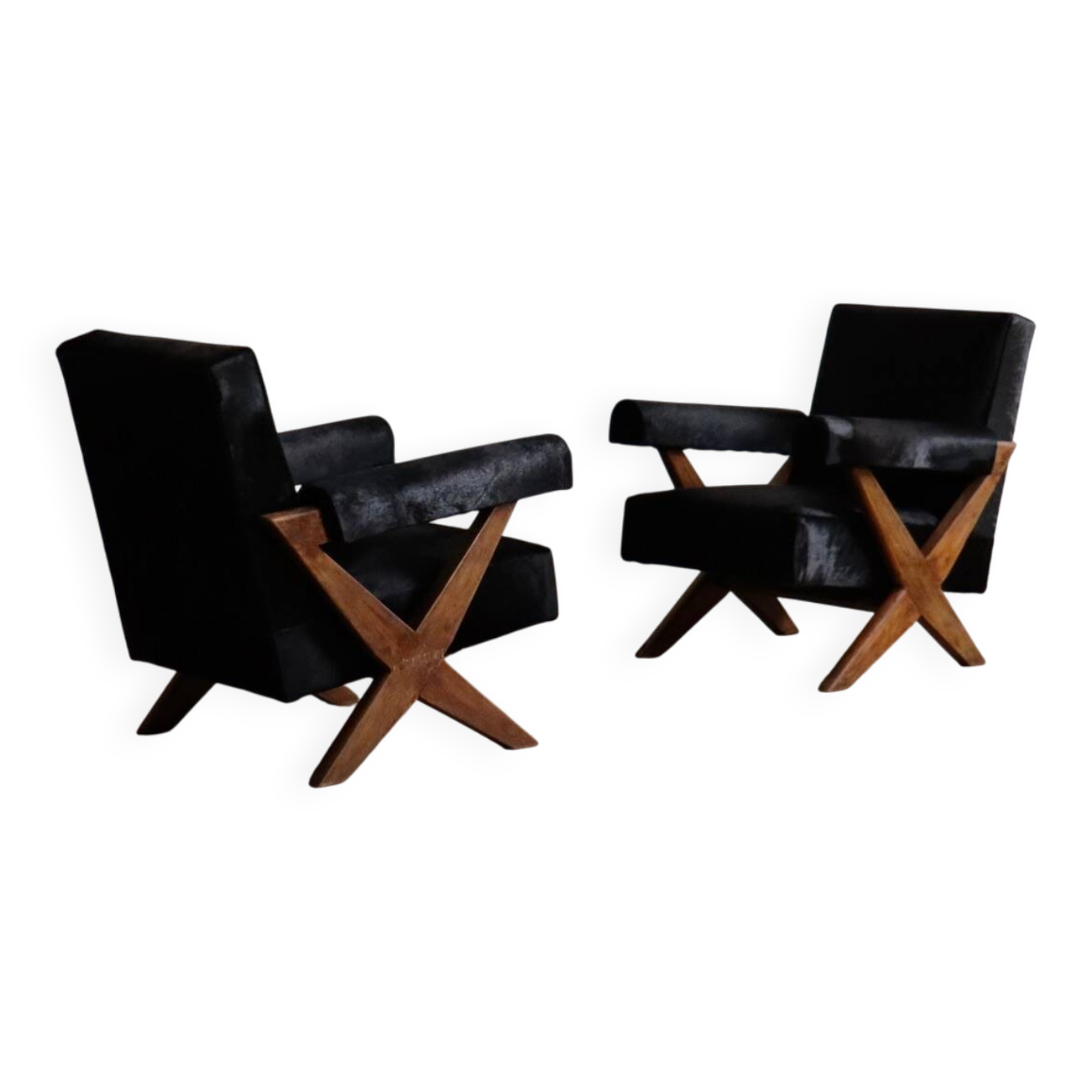 Paire de fauteuils lounge à jambes en X de Pierre Jeanneret, Chandigarh années 1960.