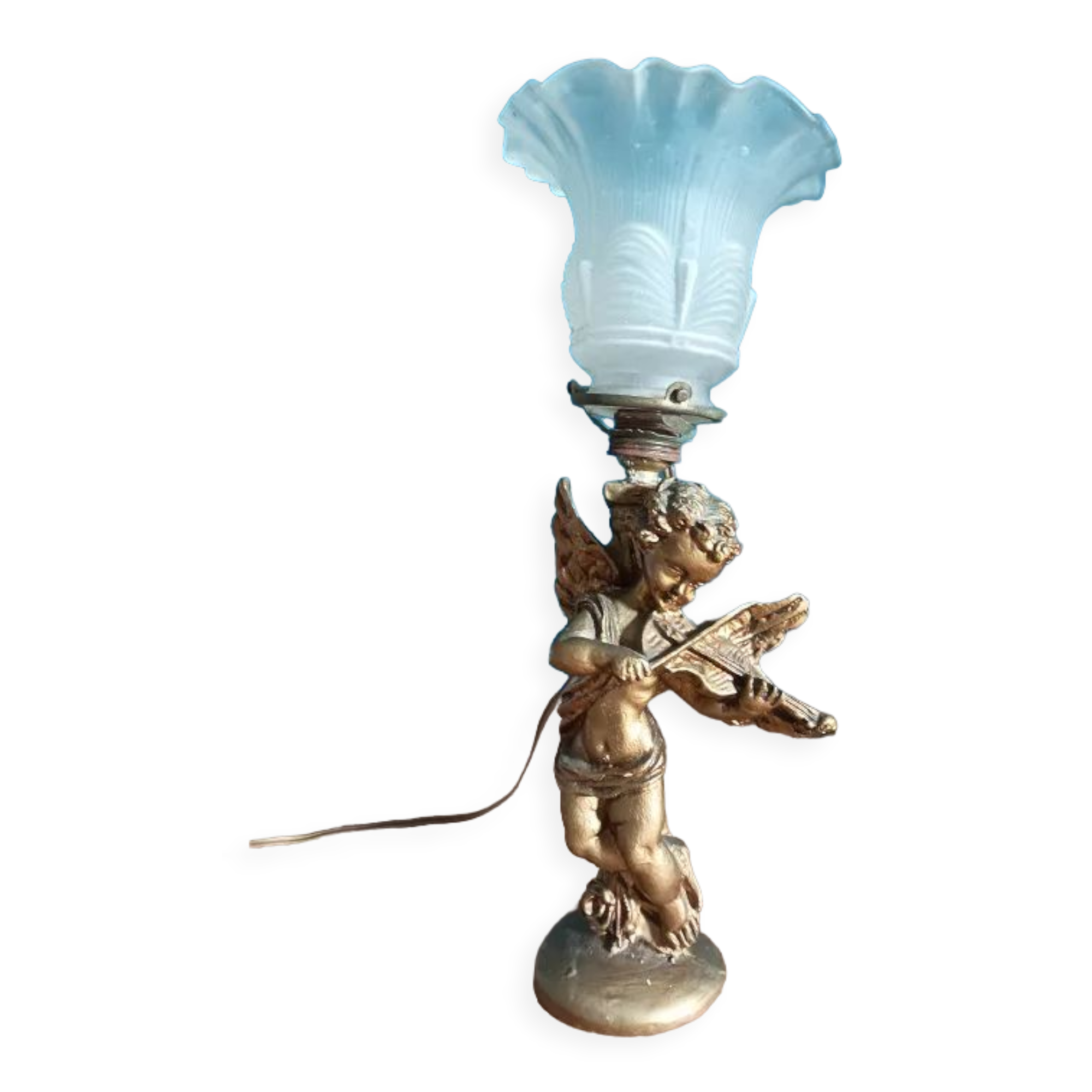 Bedside lamp Angel tulip glass base patinated golden resin