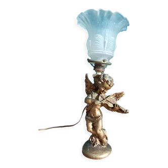 Bedside lamp Angel tulip glass base patinated golden resin