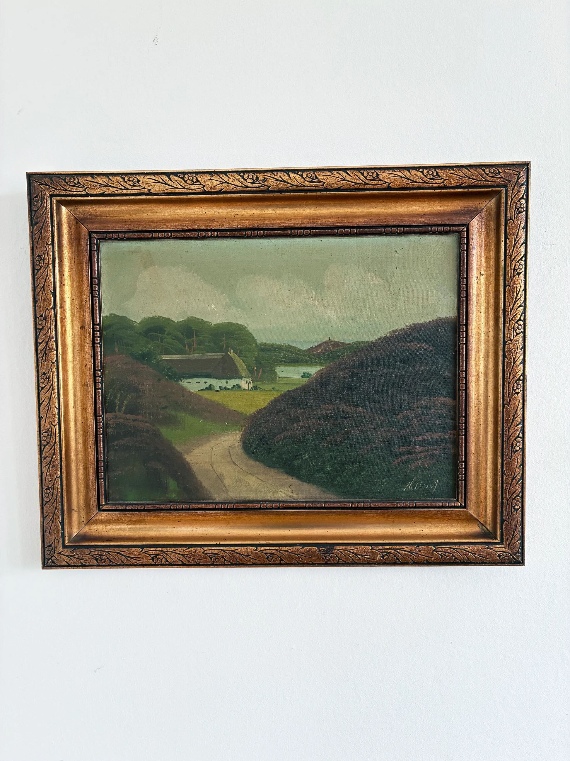 Vintage original landscape oil painting, signed countryside cottage art