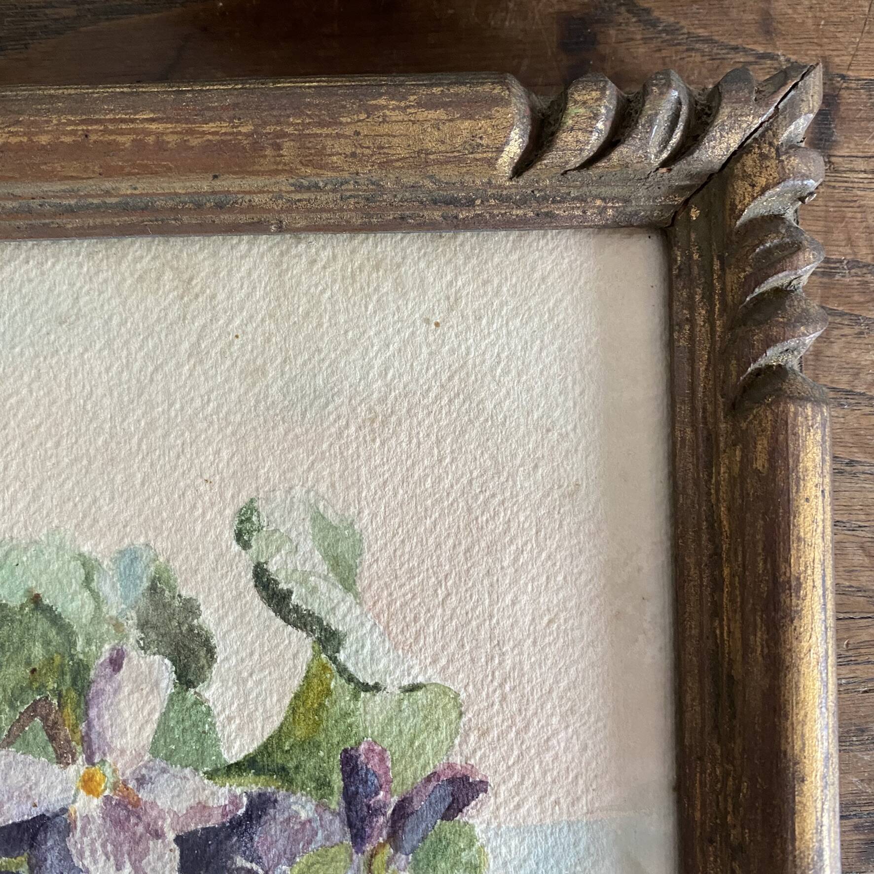 Peinture ancienne bouquet de fleurs, nature morte aquarelle violettes
