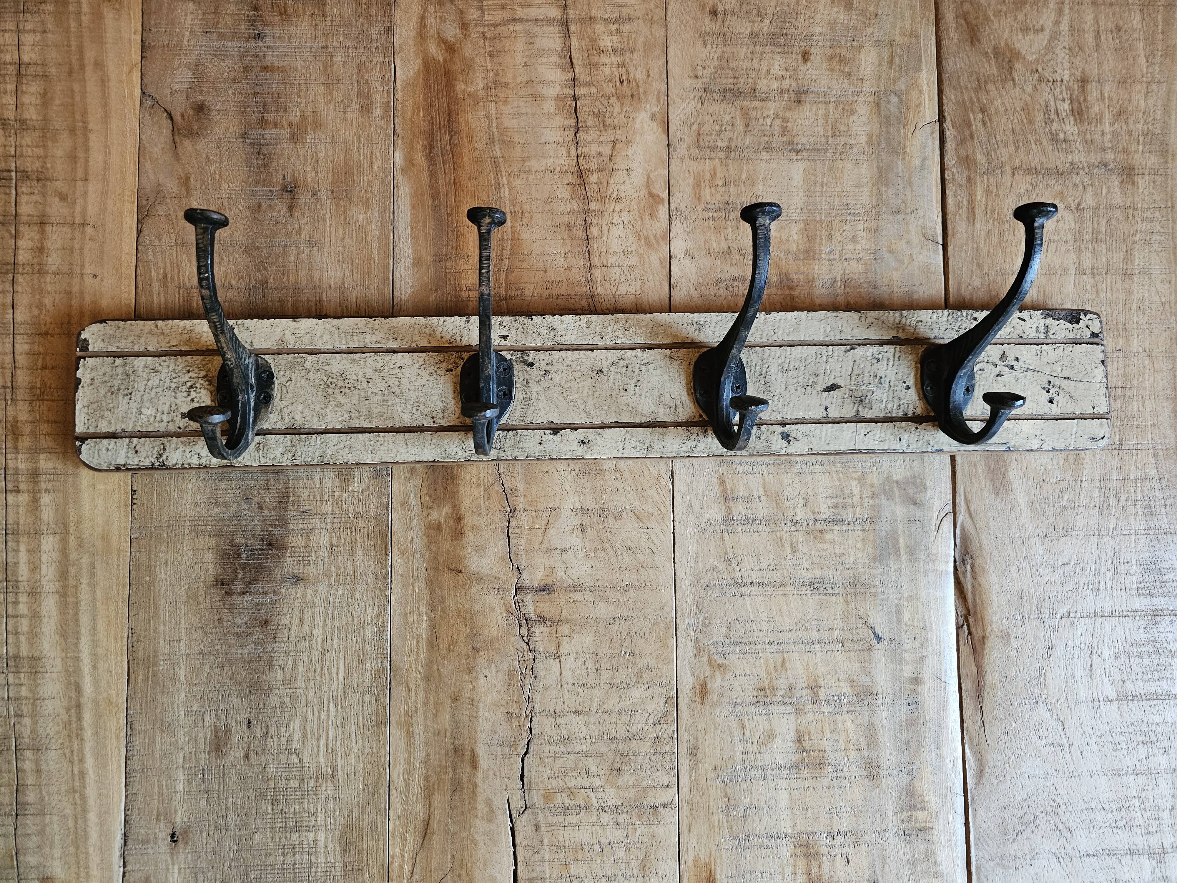 Solid teak coat hook with 4 double cast iron hooks