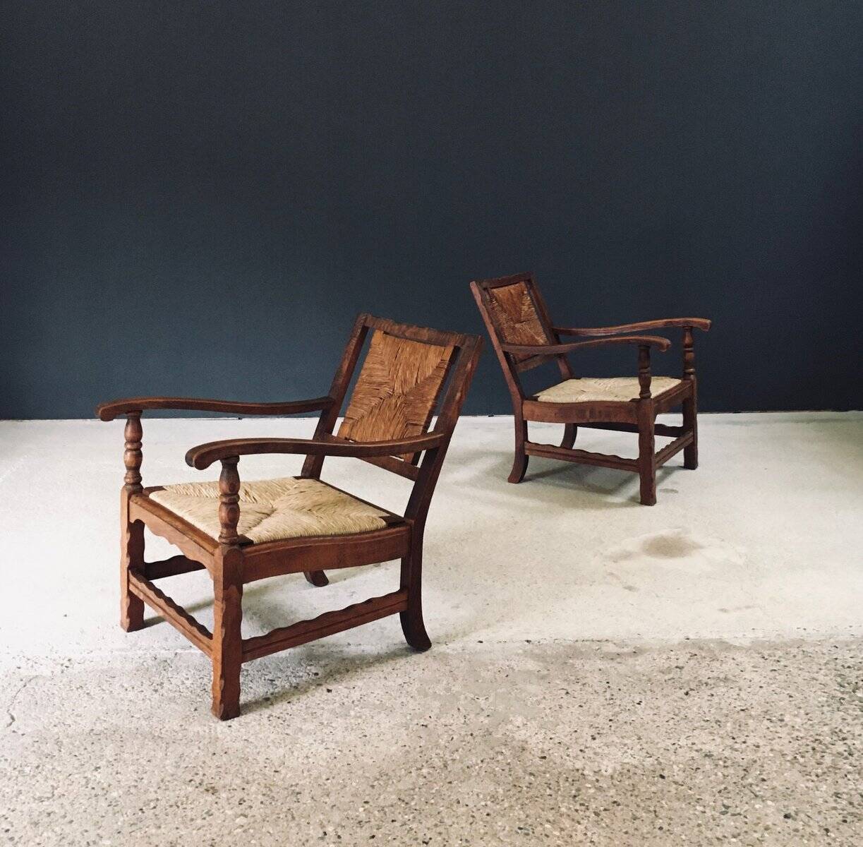 Arts & Crafts Handcrafted Low Lounge Armchairs, Belgium, 1920s, Set of 2