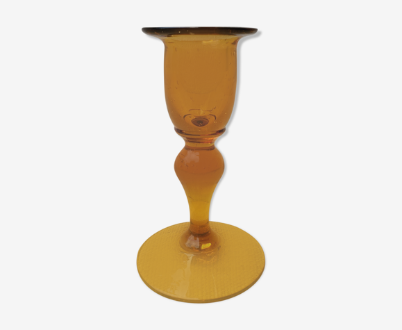 Bougeoir en verre ambré bullé