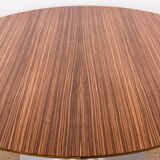 Large round coffee table with tulip leg in brushed aluminum and zebrano 1960.