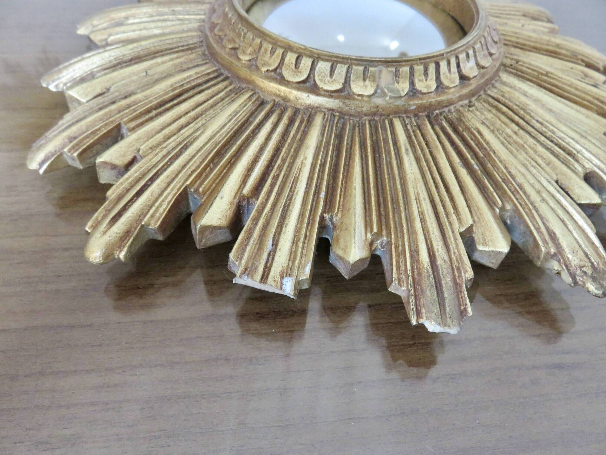 Old small golden sun mirror, witch's eye, curved, 60s-70s.
