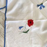 Antique hand-embroidered and braided tablecloth "poppies & cornflowers" - Linen - 107x107 cm