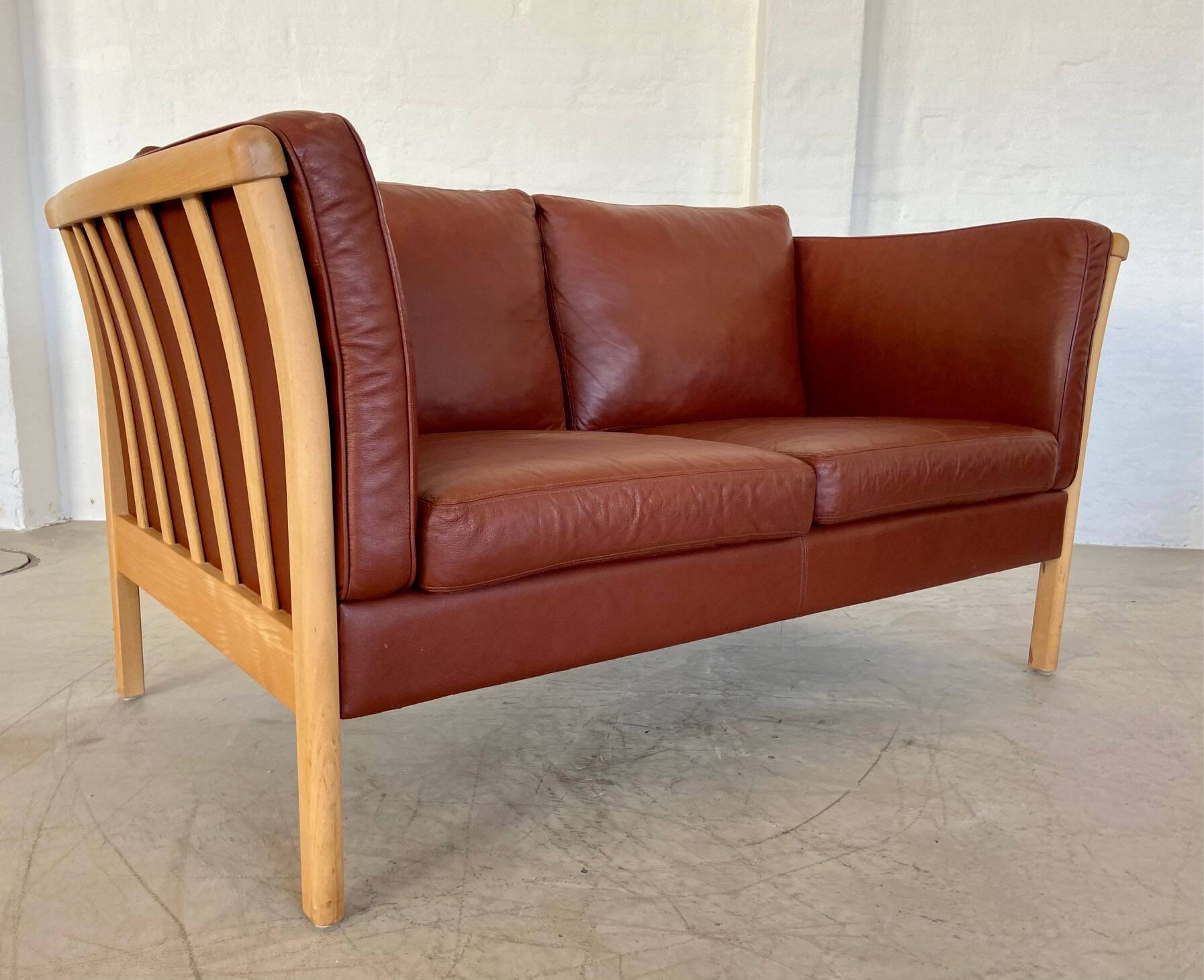 VINTAGE DANISH MID CENTURY DARK COGNAC LEATHER 2 SEATER STOUBY SOFA