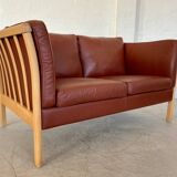 VINTAGE DANISH MID CENTURY DARK COGNAC LEATHER 2 SEATER STOUBY SOFA