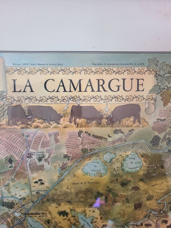 1978 Carte de la Camargue par Christine Le Boeuf 72,5 × 52,5 cm