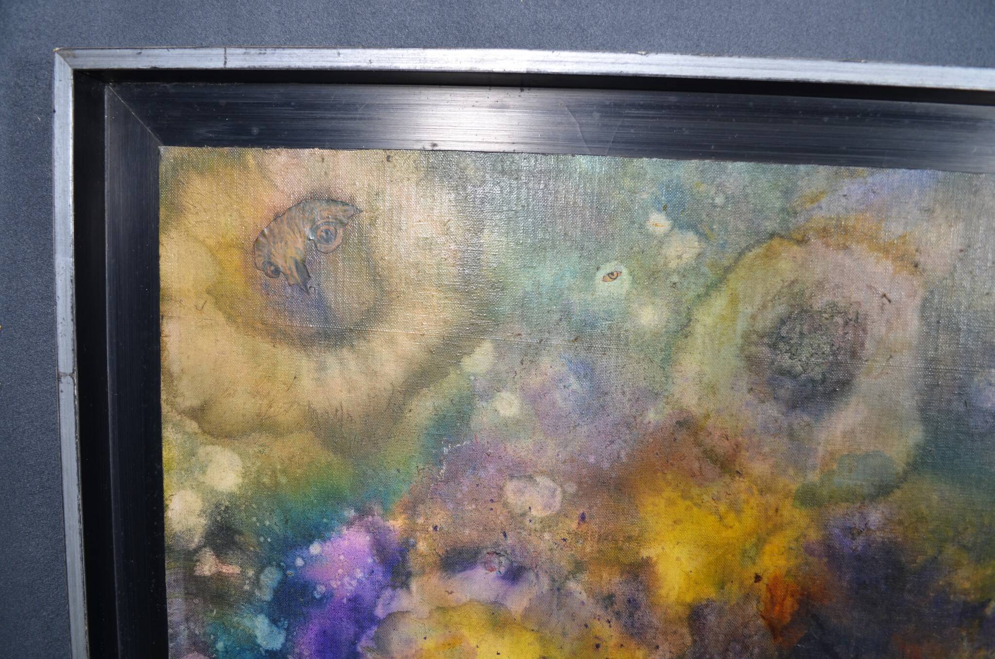 R. Bouvier (20th century) Surrealist composition Signed mounted canvas