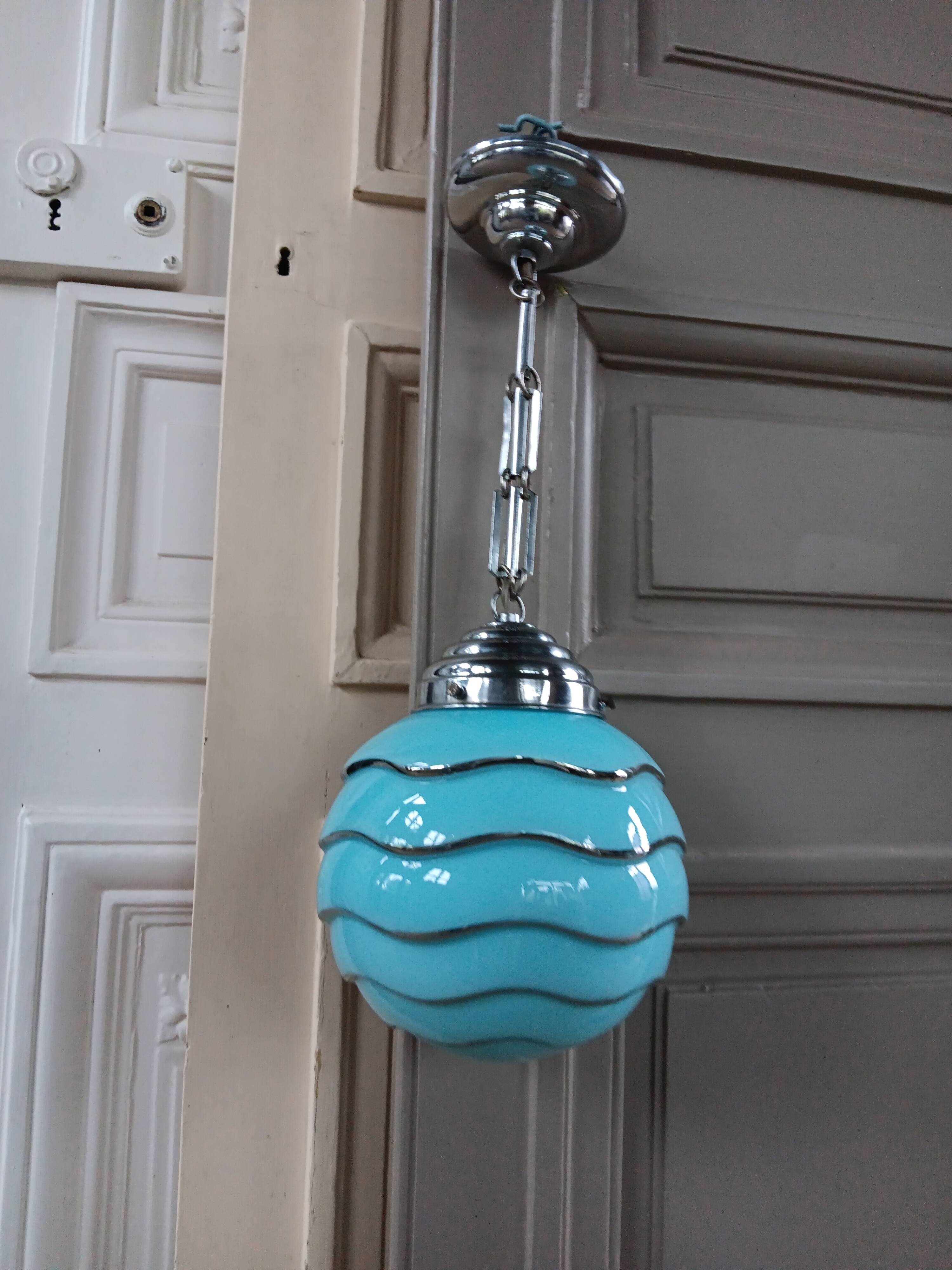 Bauhaus pendant light, blue and silver glass globe