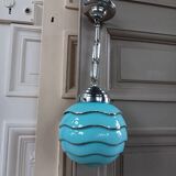 Bauhaus pendant light, blue and silver glass globe