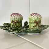 Set of Vintage Asparagus-themed Majolica Salt and Pepper Shakers with Plate