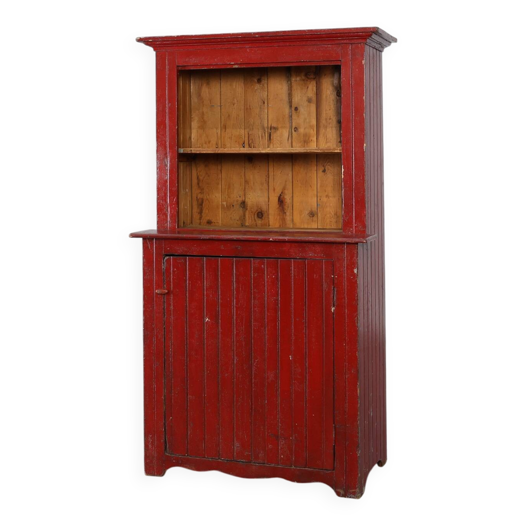 French 19th Century Red‑Painted Stepback Cupboard in Pine