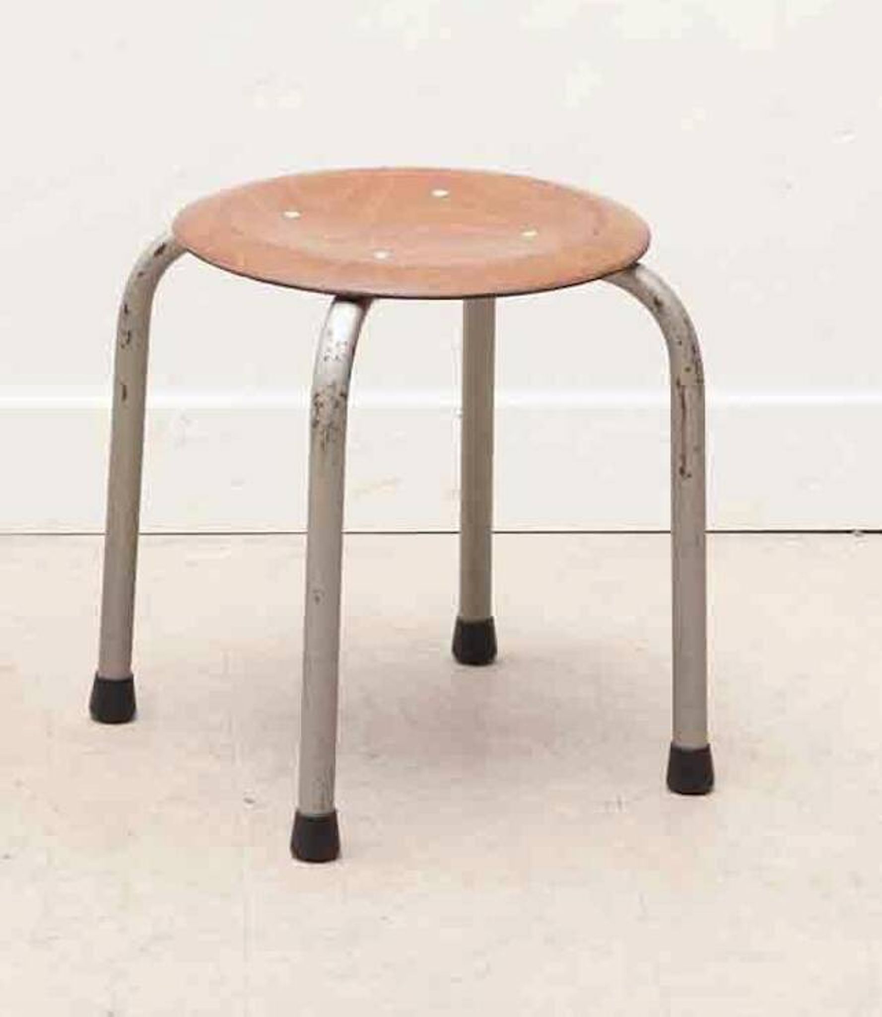 Tabouret vintage galette chêne et pieds gris