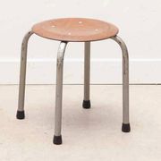 Tabouret vintage galette chêne et pieds gris