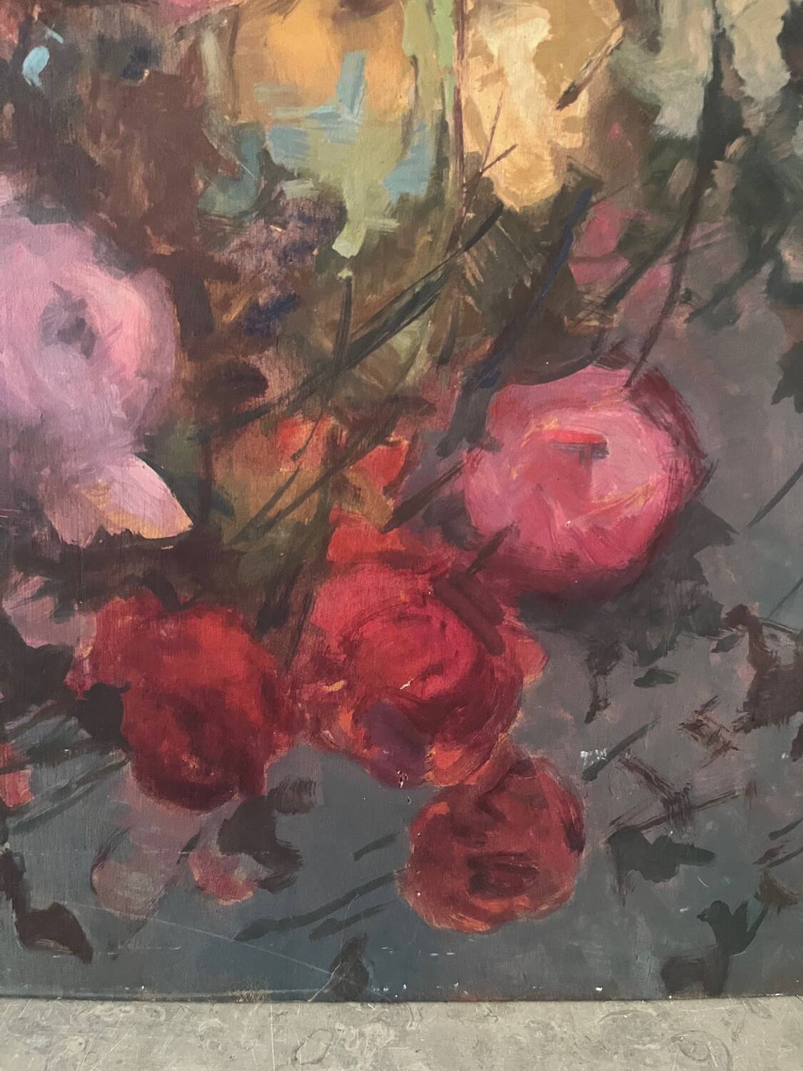 Large bouquet of roses, oil on wood panel, signed
