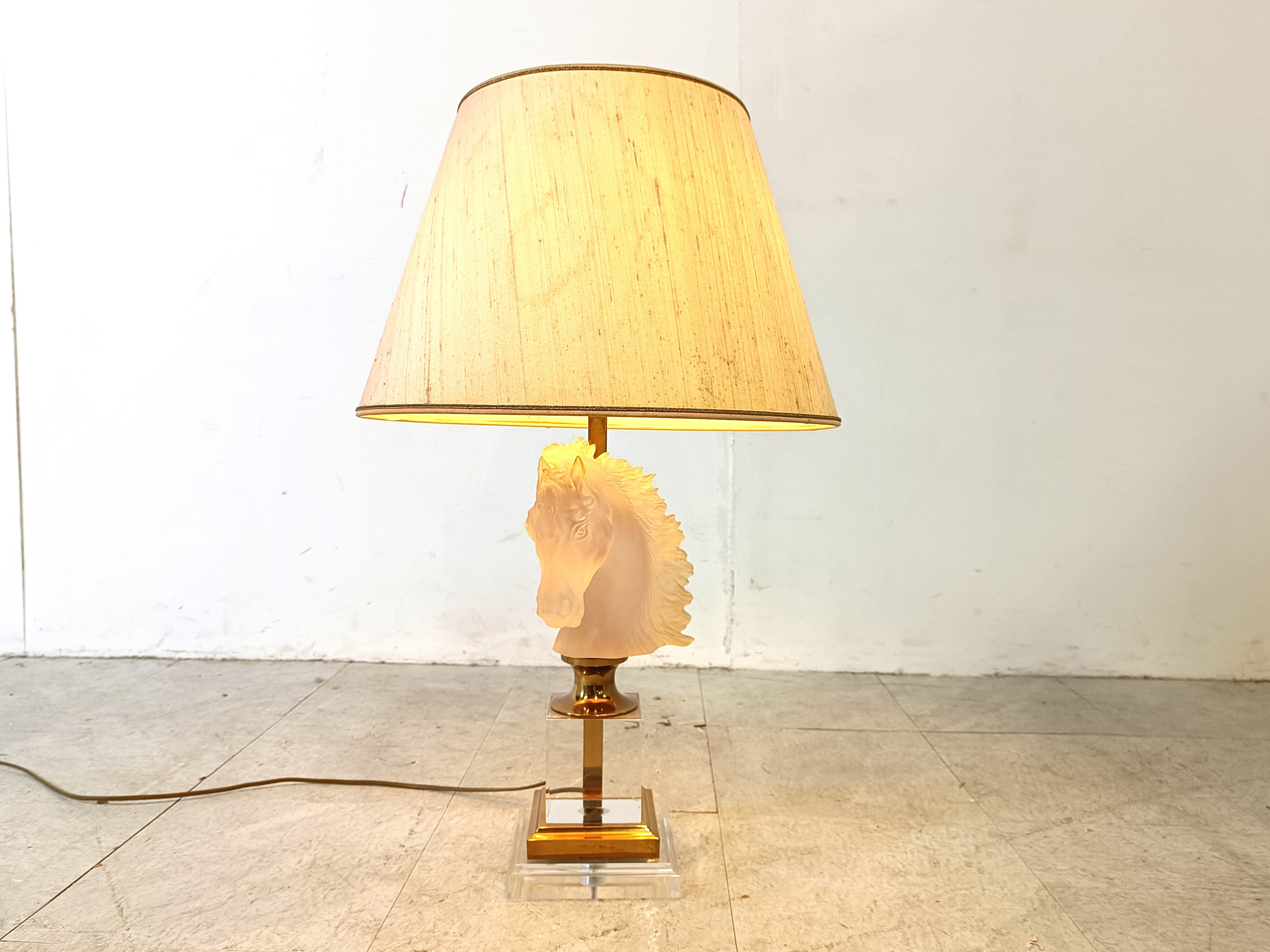 Brass and glass horse head table lamp, 1970s France