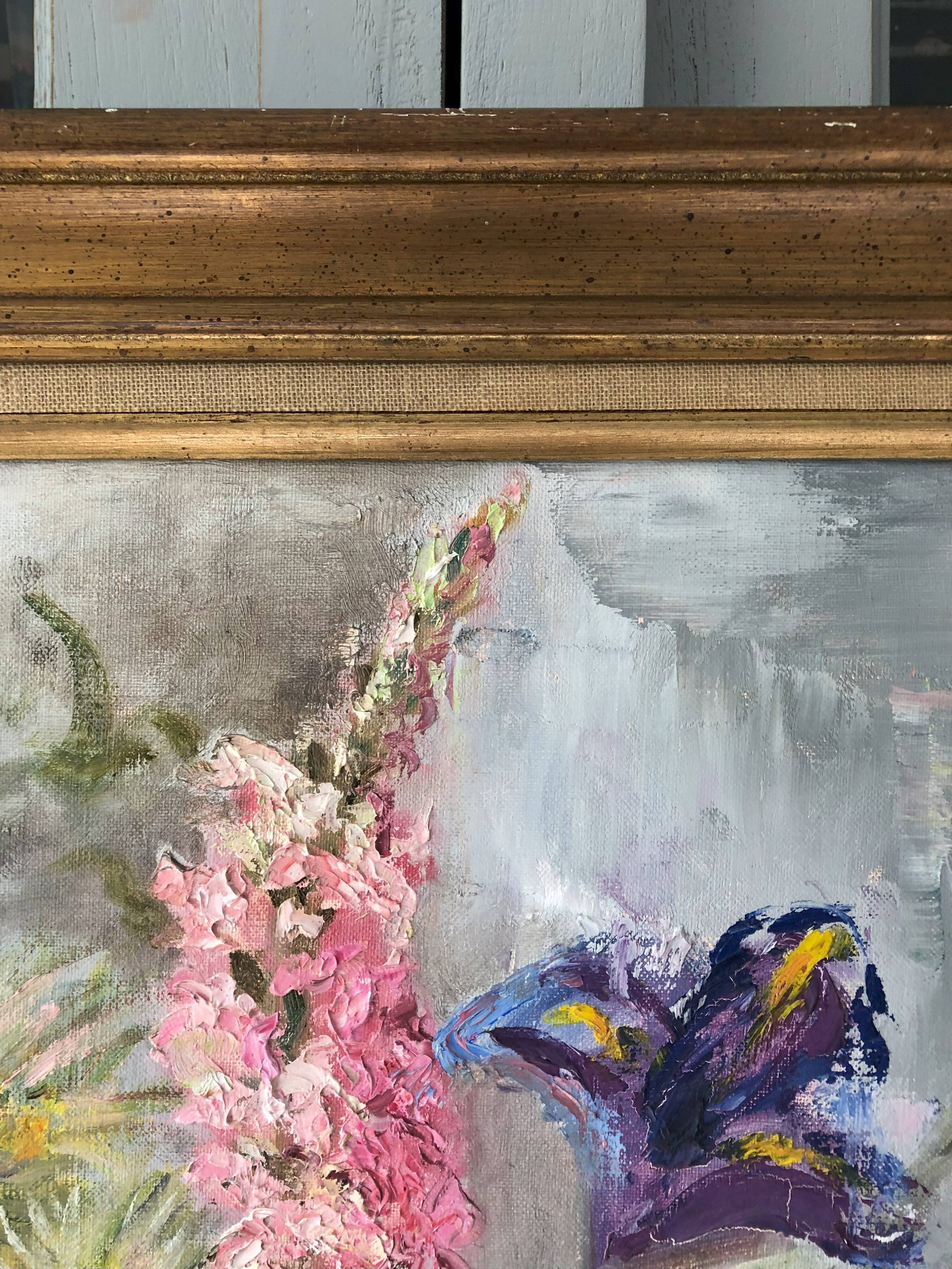 Old painting bouquet of pink flowers, iris, lupine, dahlia