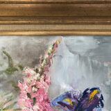 Old painting bouquet of pink flowers, iris, lupine, dahlia