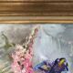 Old painting bouquet of pink flowers, iris, lupine, dahlia