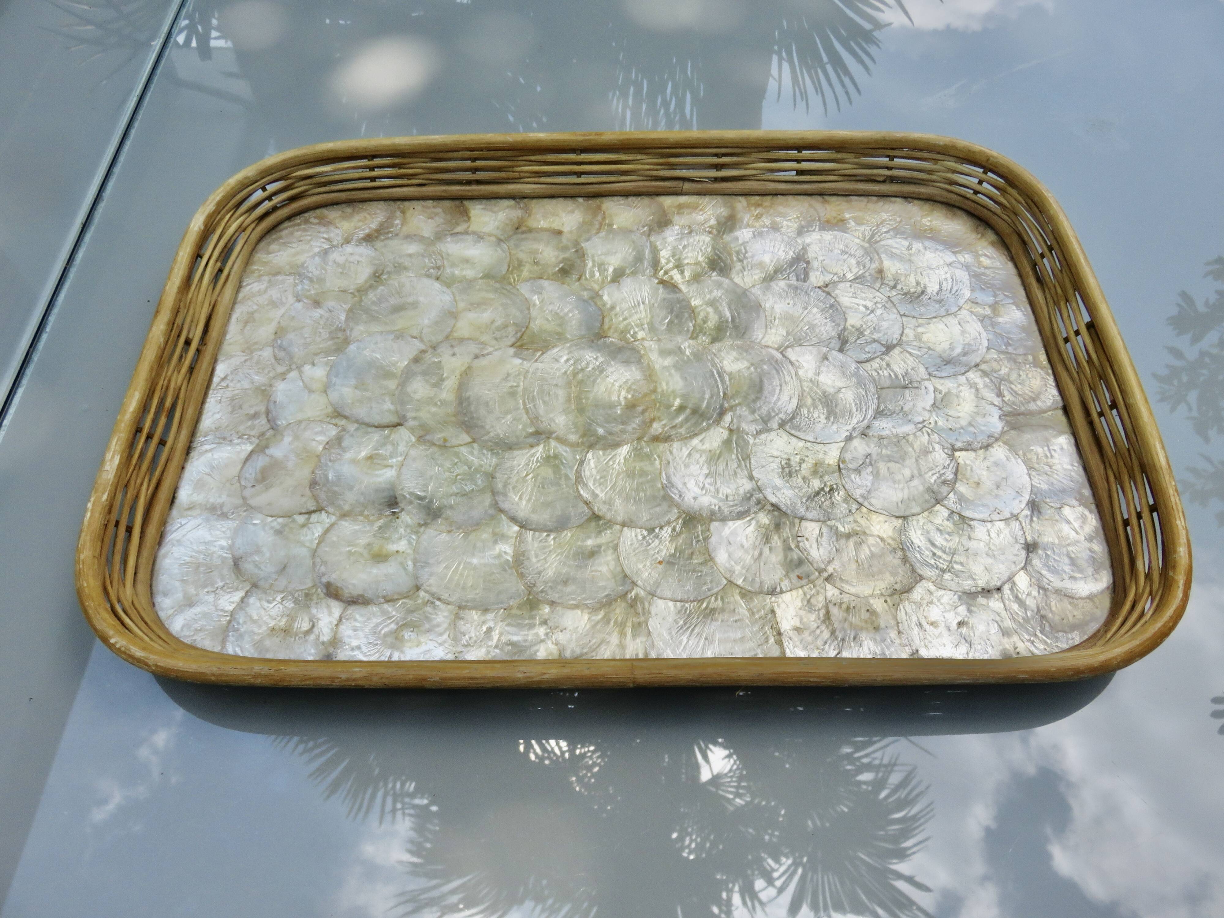 Old tray in woven rattan and mother-of-pearl, 1980s, vintage