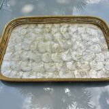 Old tray in woven rattan and mother-of-pearl, 1980s, vintage