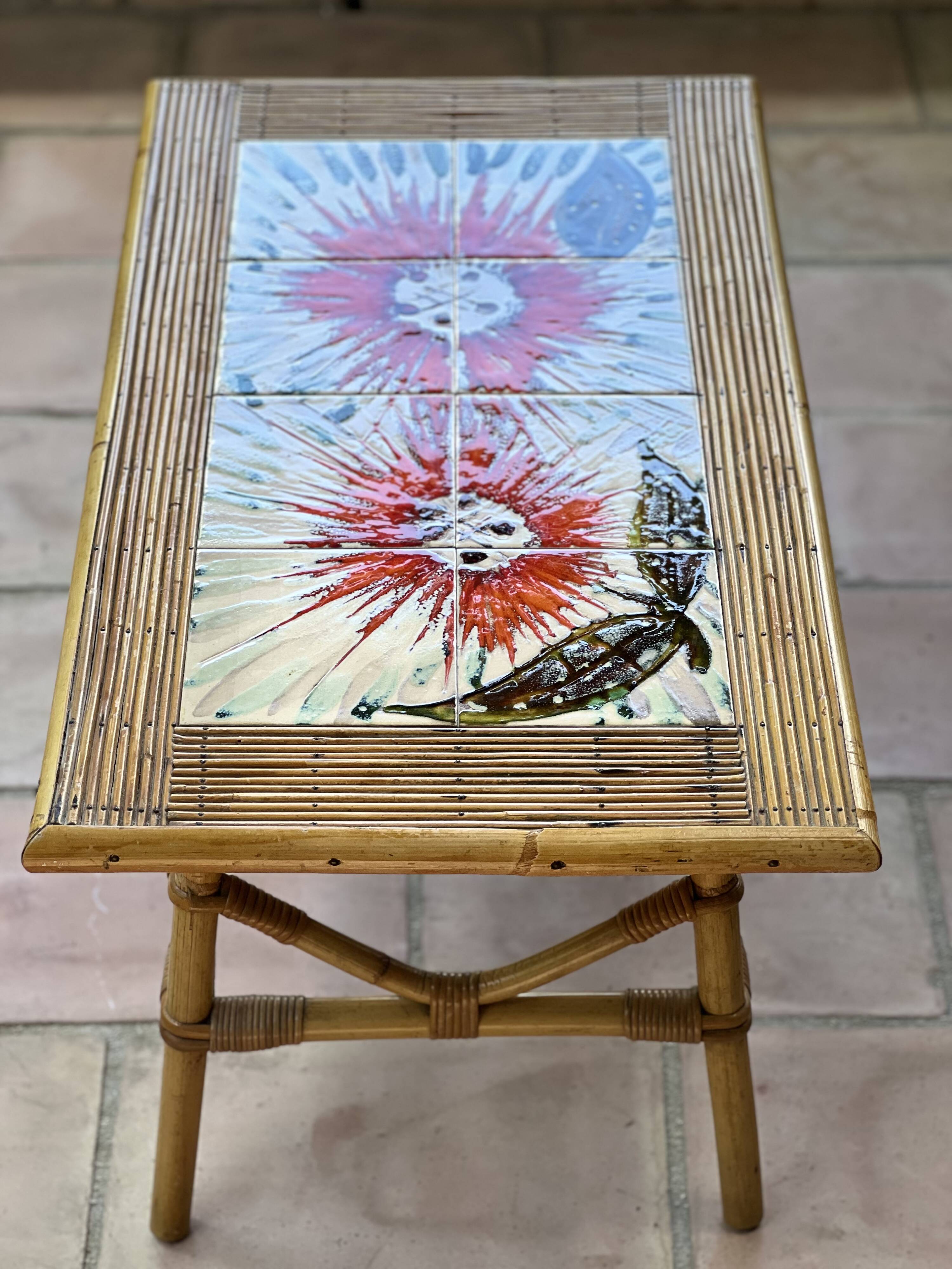Rattan and ceramic coffee table leduc vallauris