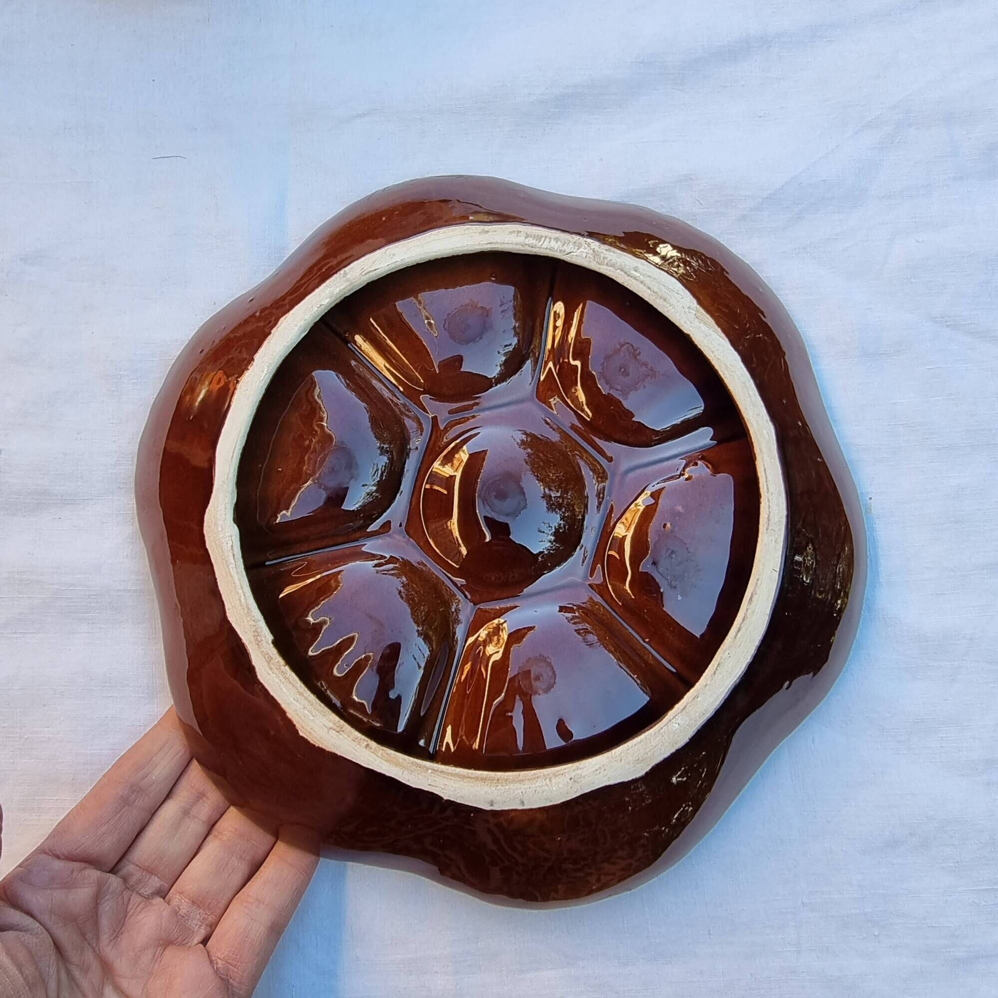 Ceramic oyster dish for 6 Barbotina handcrafted painted and enameled from Vallauris France 1970s