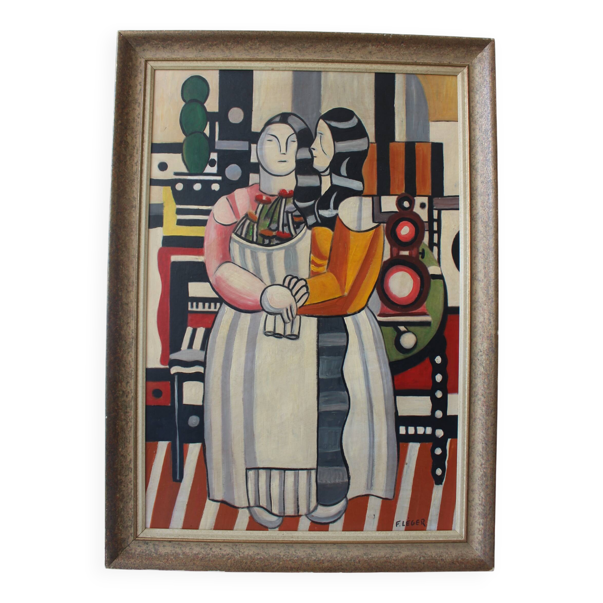 Composition moderne française, peinture à l'huile encadrée, années 1960