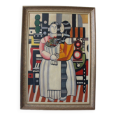Composition moderne française, peinture à l'huile encadrée, années 1960