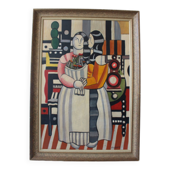 Composition moderne française, peinture à l'huile encadrée, années 1960
