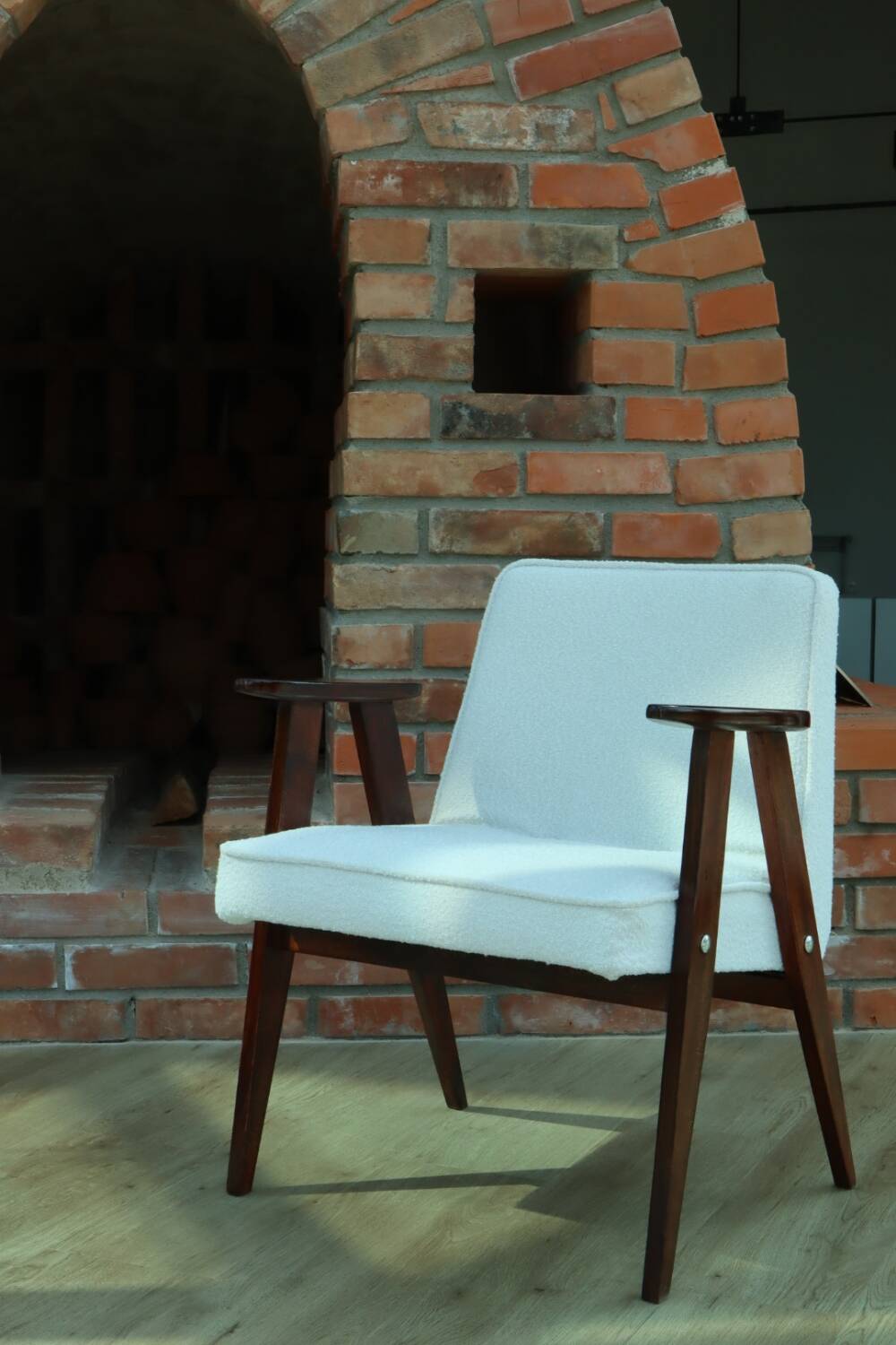 Scandinavian armchair snow white boucle dark walnut wood colour design by Chierowski 366 model