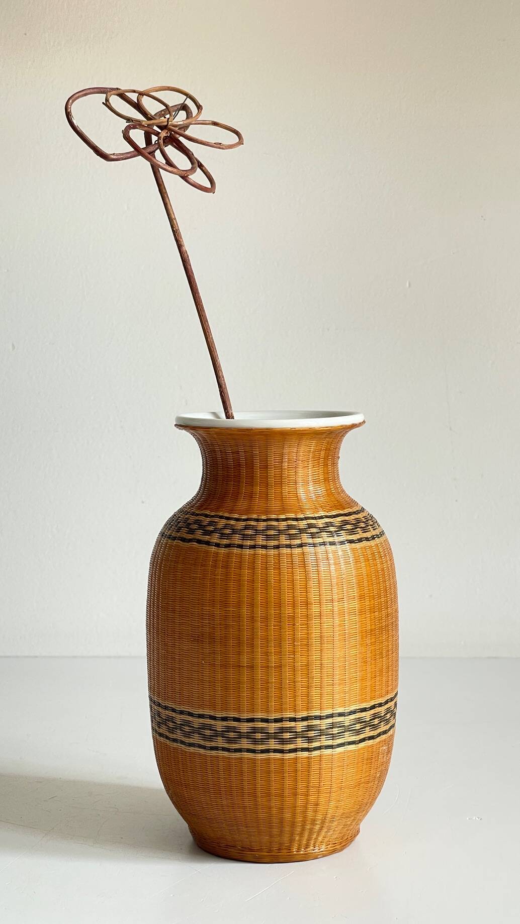VINTAGE Woven Bamboo and Fine Porcelain VASE