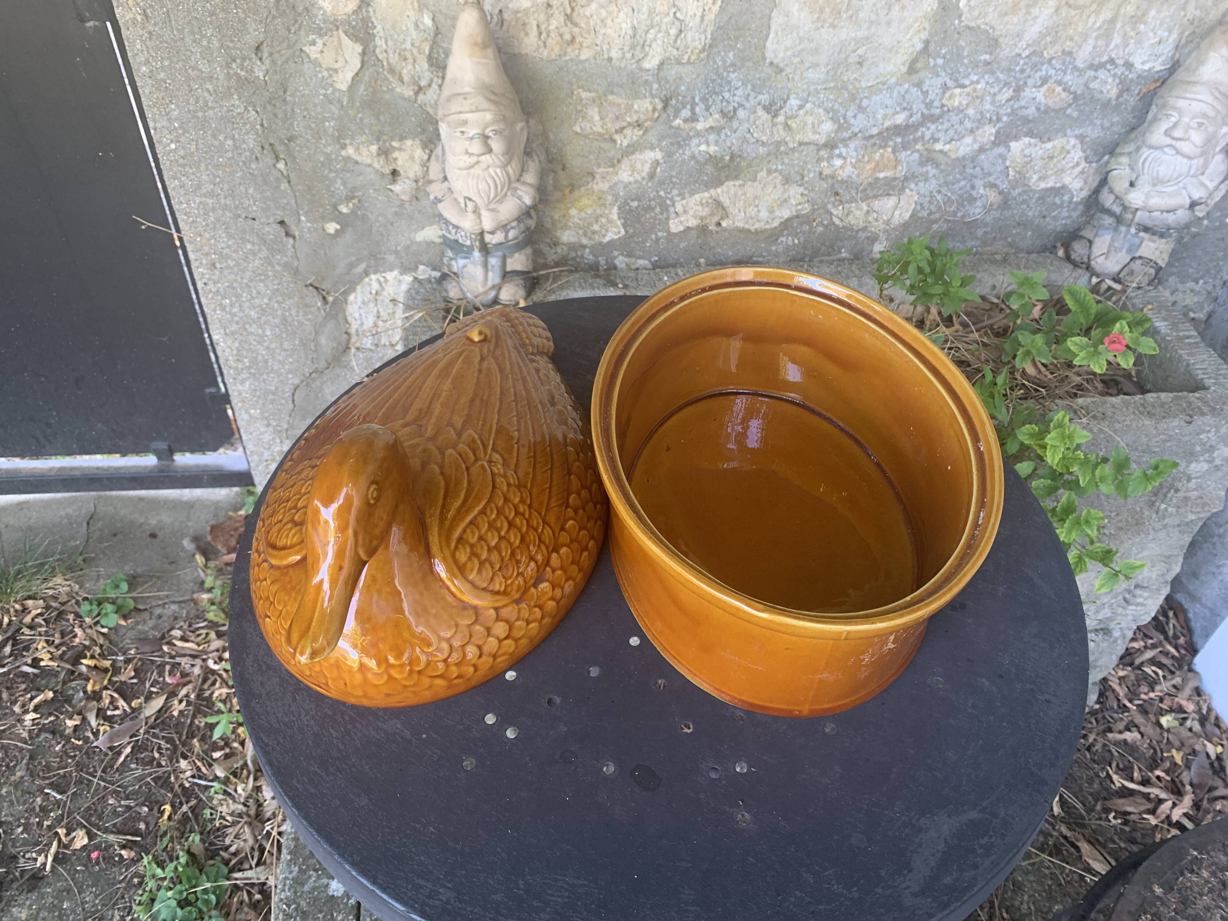 Duck, slip, glazed ceramic terrine, brown, vintage