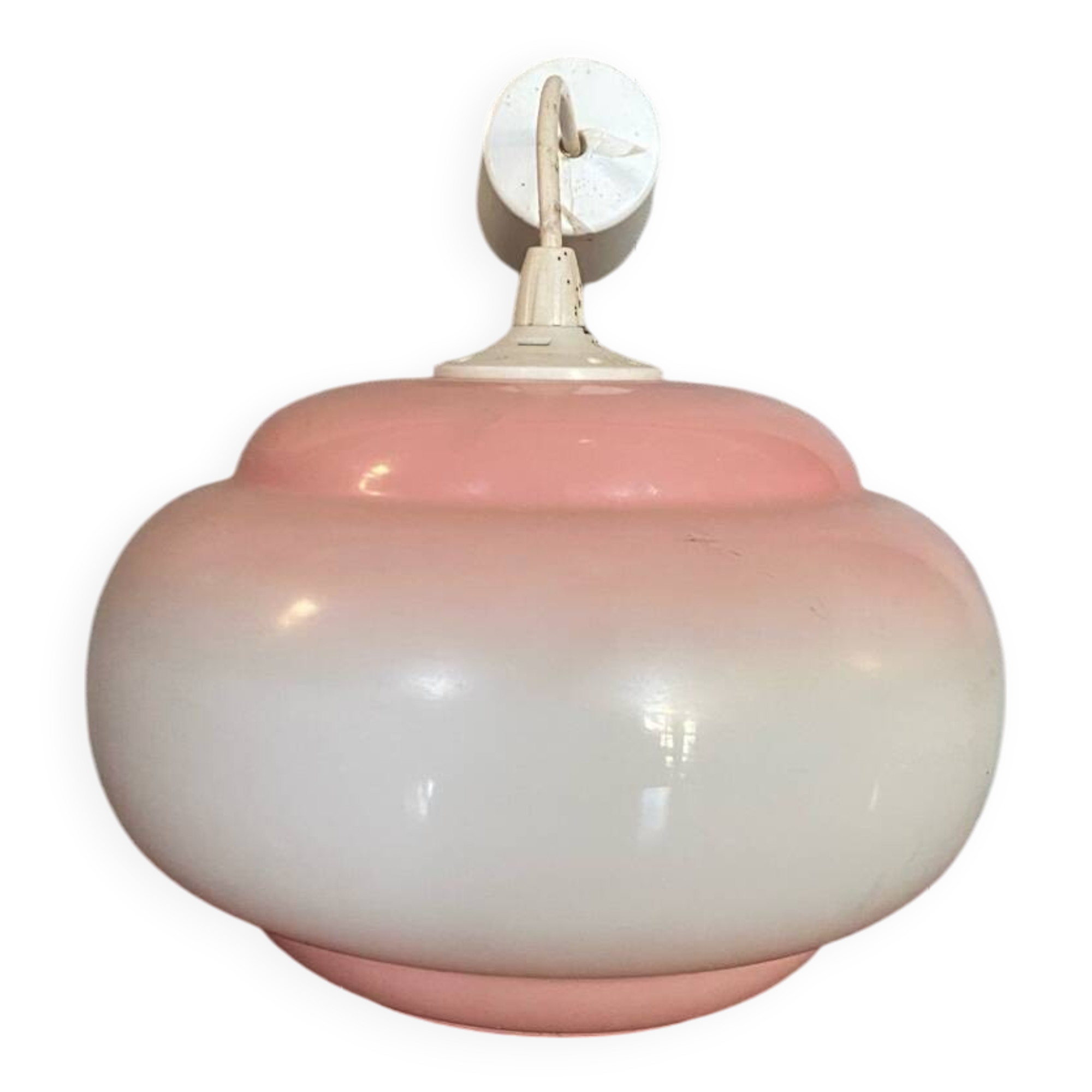 Old Opaline Pendant Light White & Pink 70s Vintage #B844