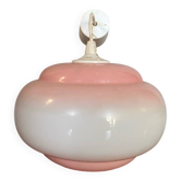 Ancienne Suspension Opaline Blanc & Rose Années 70 Vintage #B844