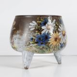 Tripod ceramic planter with floral design, signed Alexandre Kostanda, Vallauris