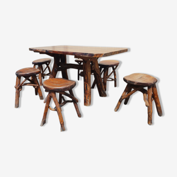 Table and 6 brutalist stools 1970