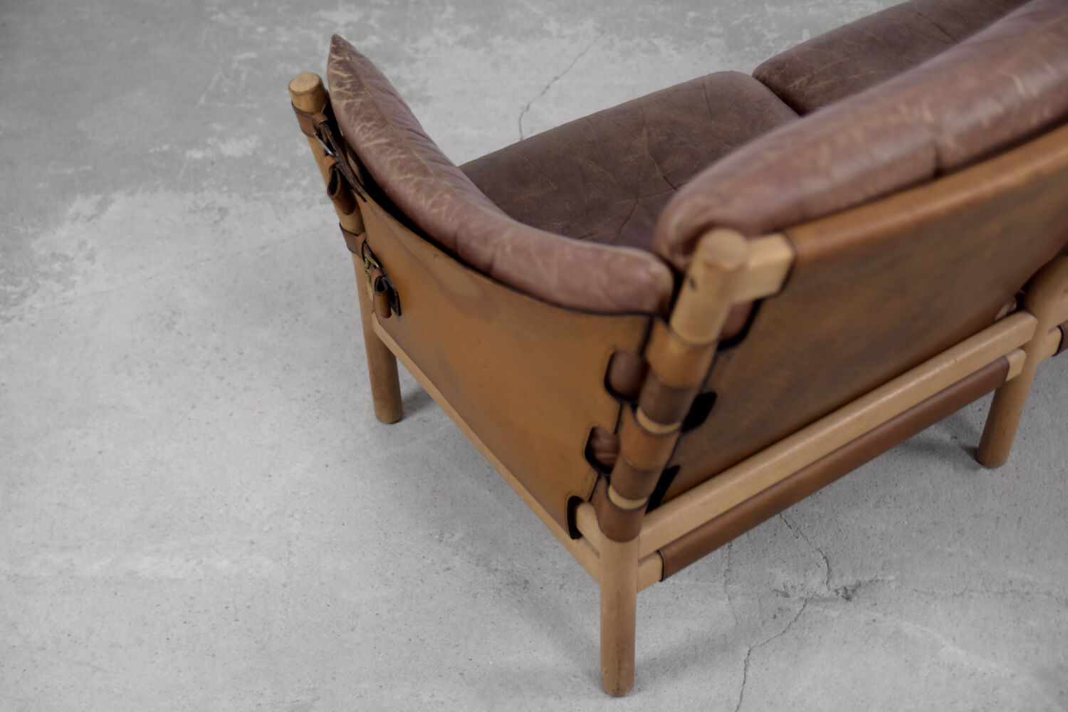 Vintage scandinavian oak & leather 2-seater Safari sofa, 1960s