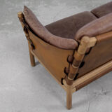 Vintage scandinavian oak & leather 2-seater Safari sofa, 1960s
