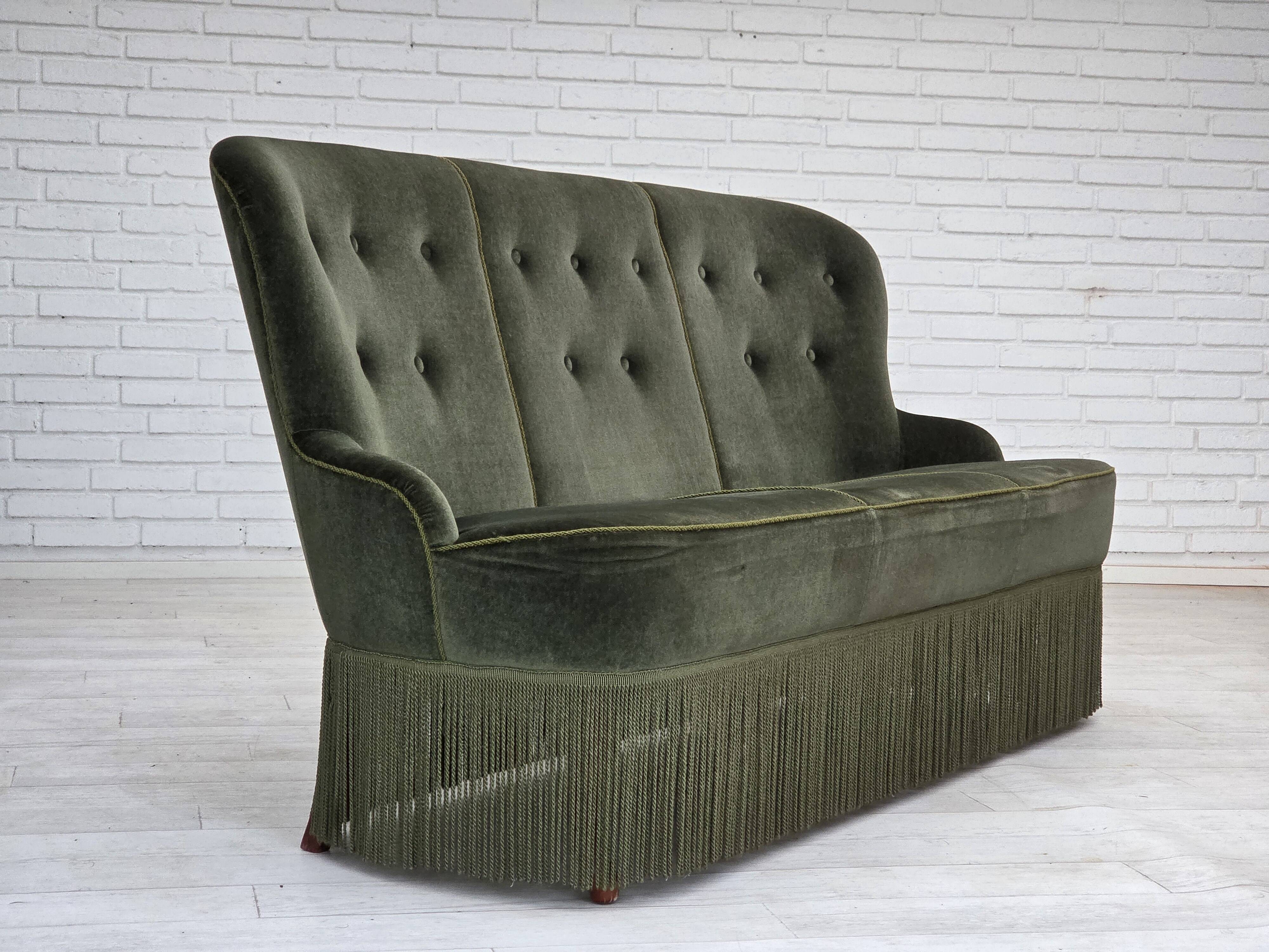 1970s, Danish 3-seater sofa, furniture velour, beech wood legs.