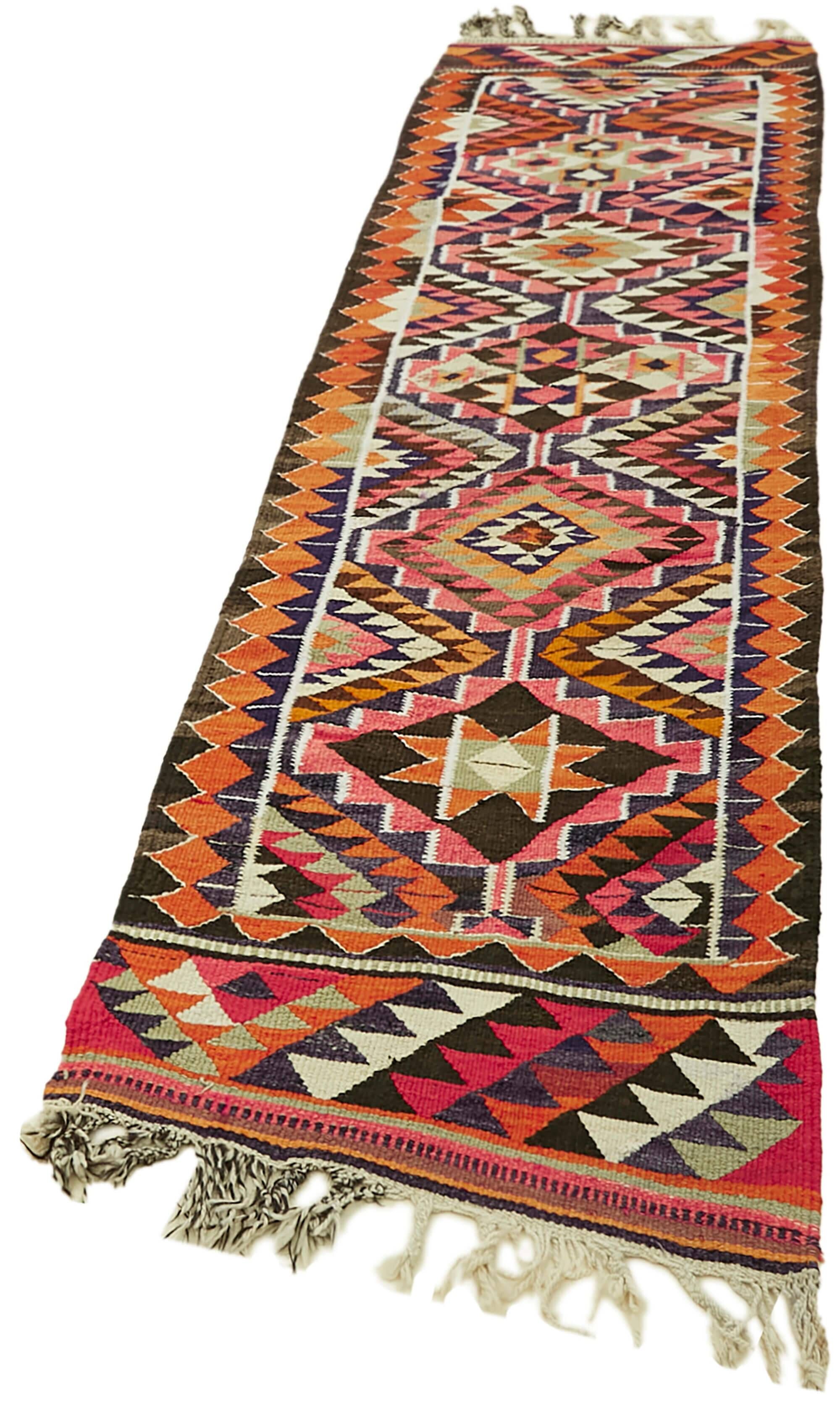 Turkish Handwoven Vintage Herki Kilim 90 cm x 348 cm